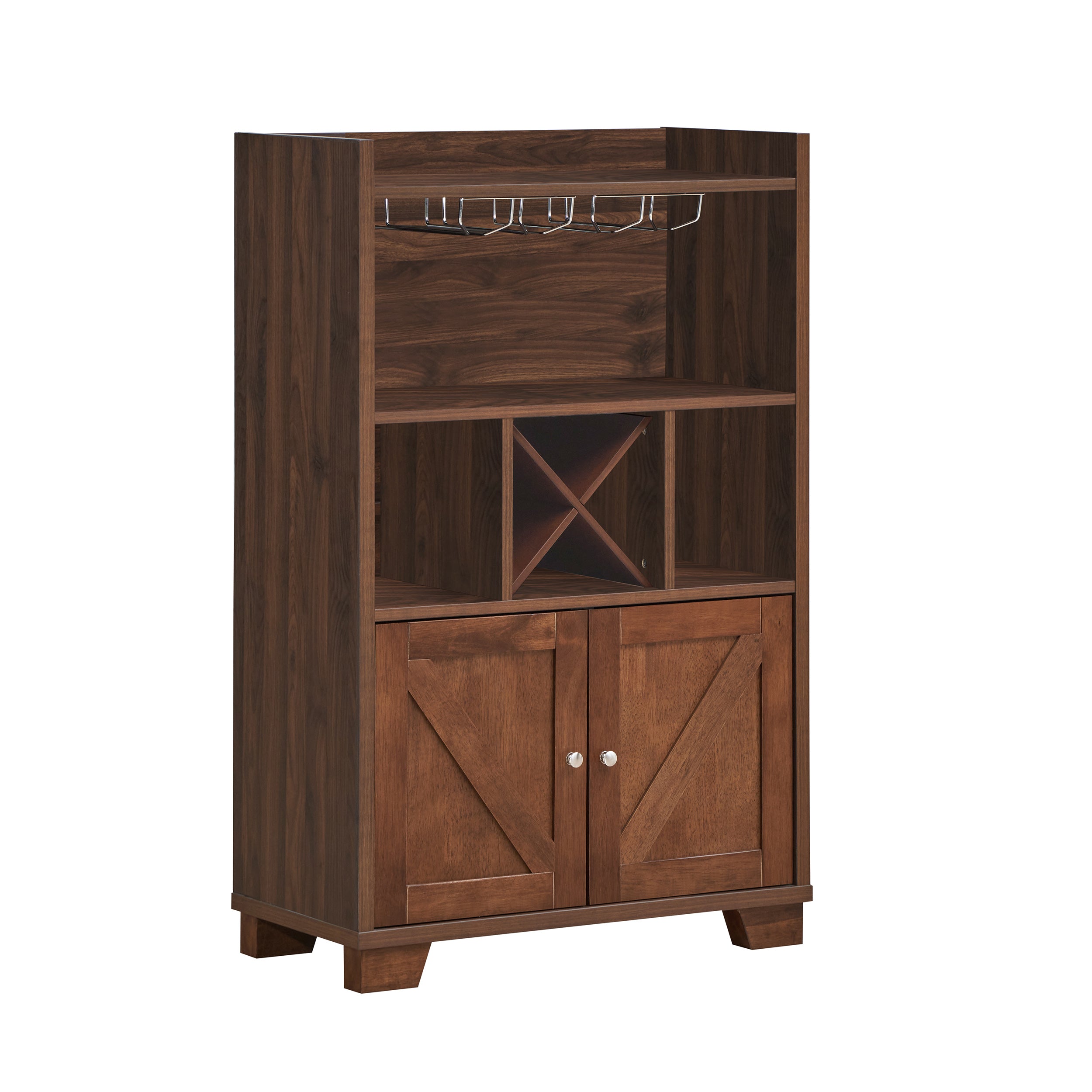 Newell Farmhouse Wooden 4 Bottle Wine Cabinet, Walnut and Dark Brown