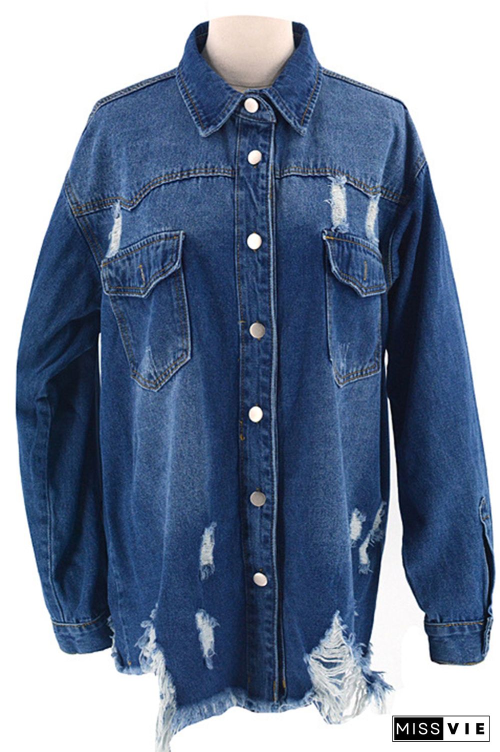 Buttons Front Raw Hem Ripped Denim Jacket Women Wholesale