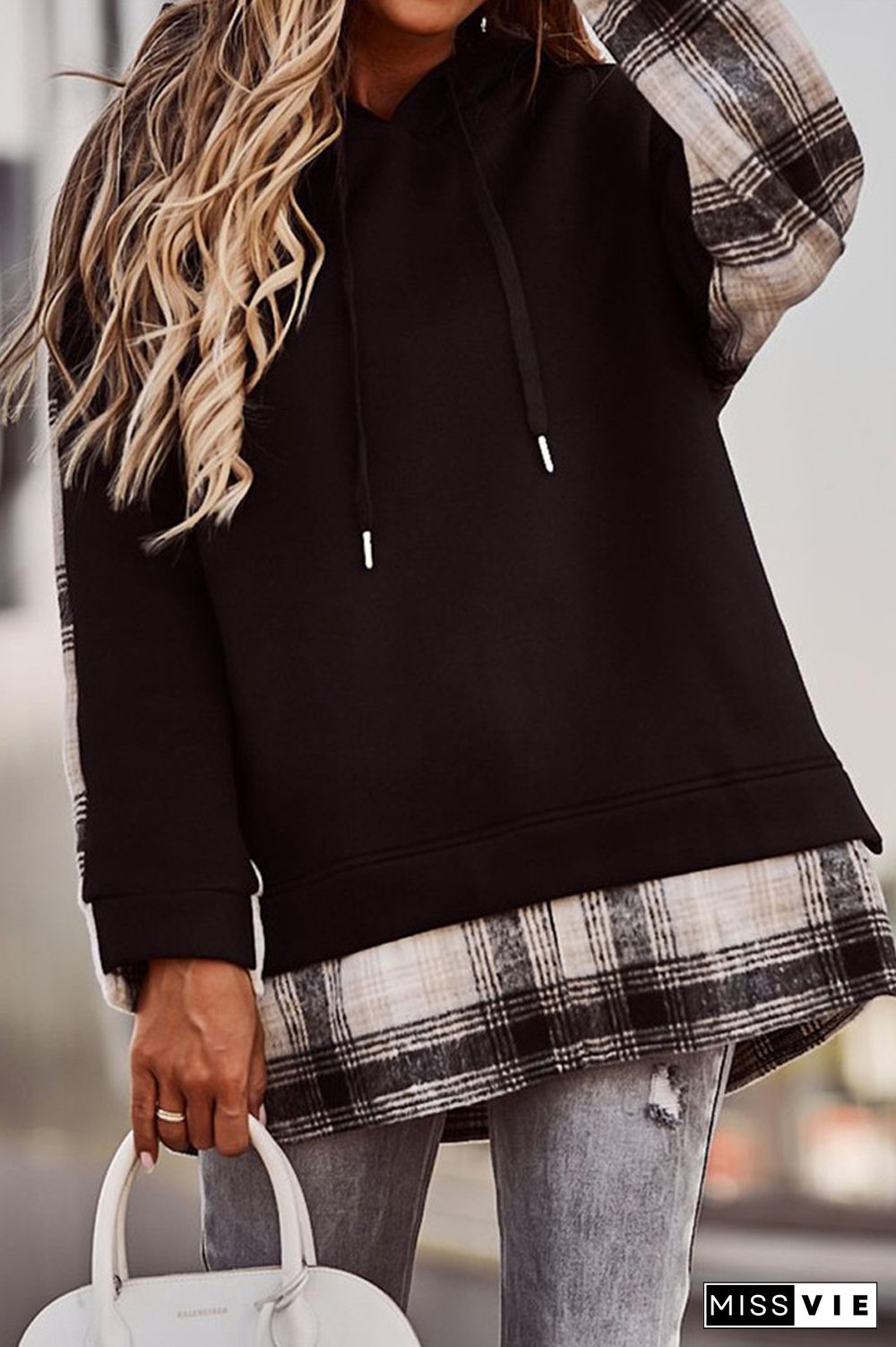 KarliDress Trendy Plaid Patchwork Hooded Sweatshirt P12854