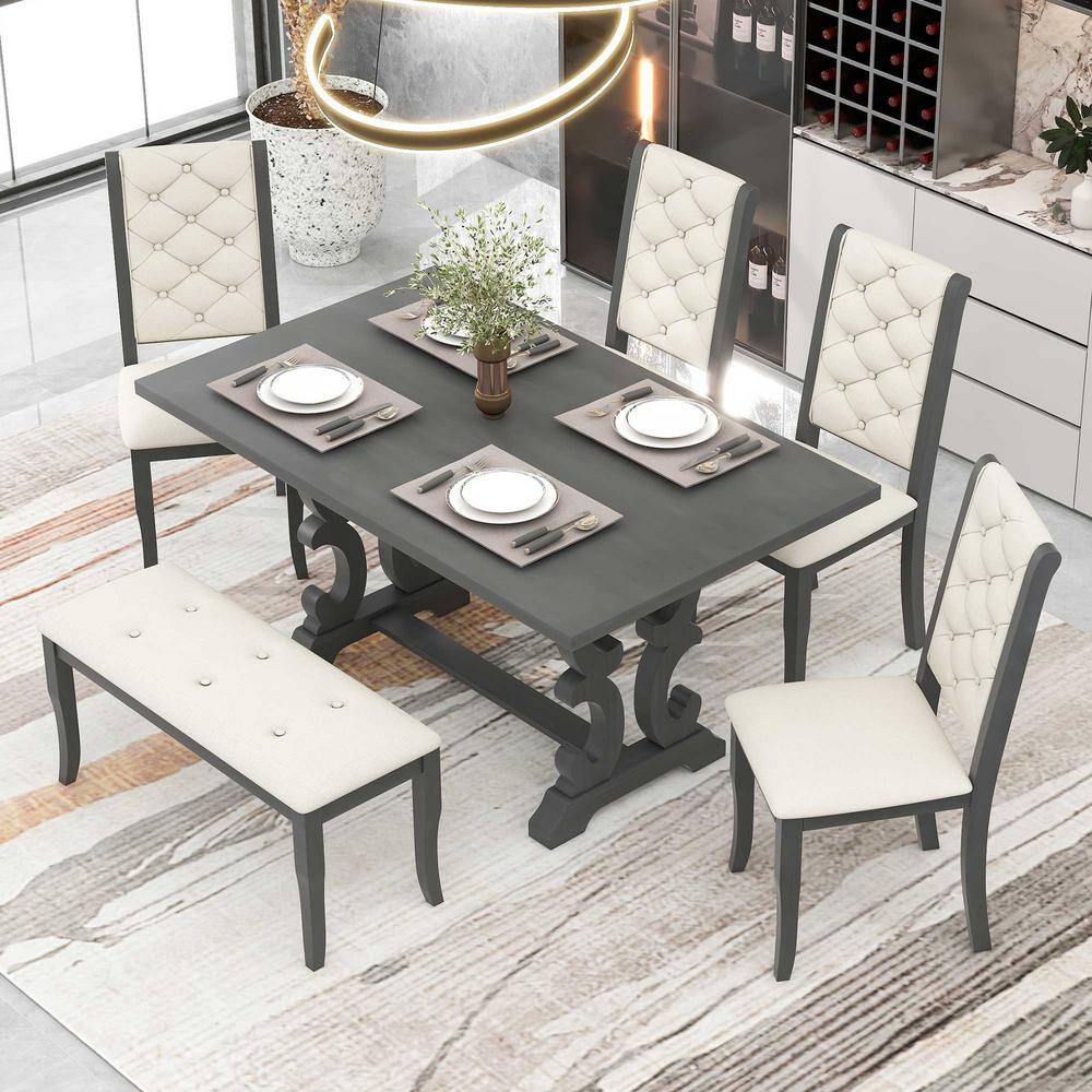 Harper  Bright Designs 6-Piece Antique Gray Retro Rectangular MDF Top Table Set Seats 6 XW052AAE