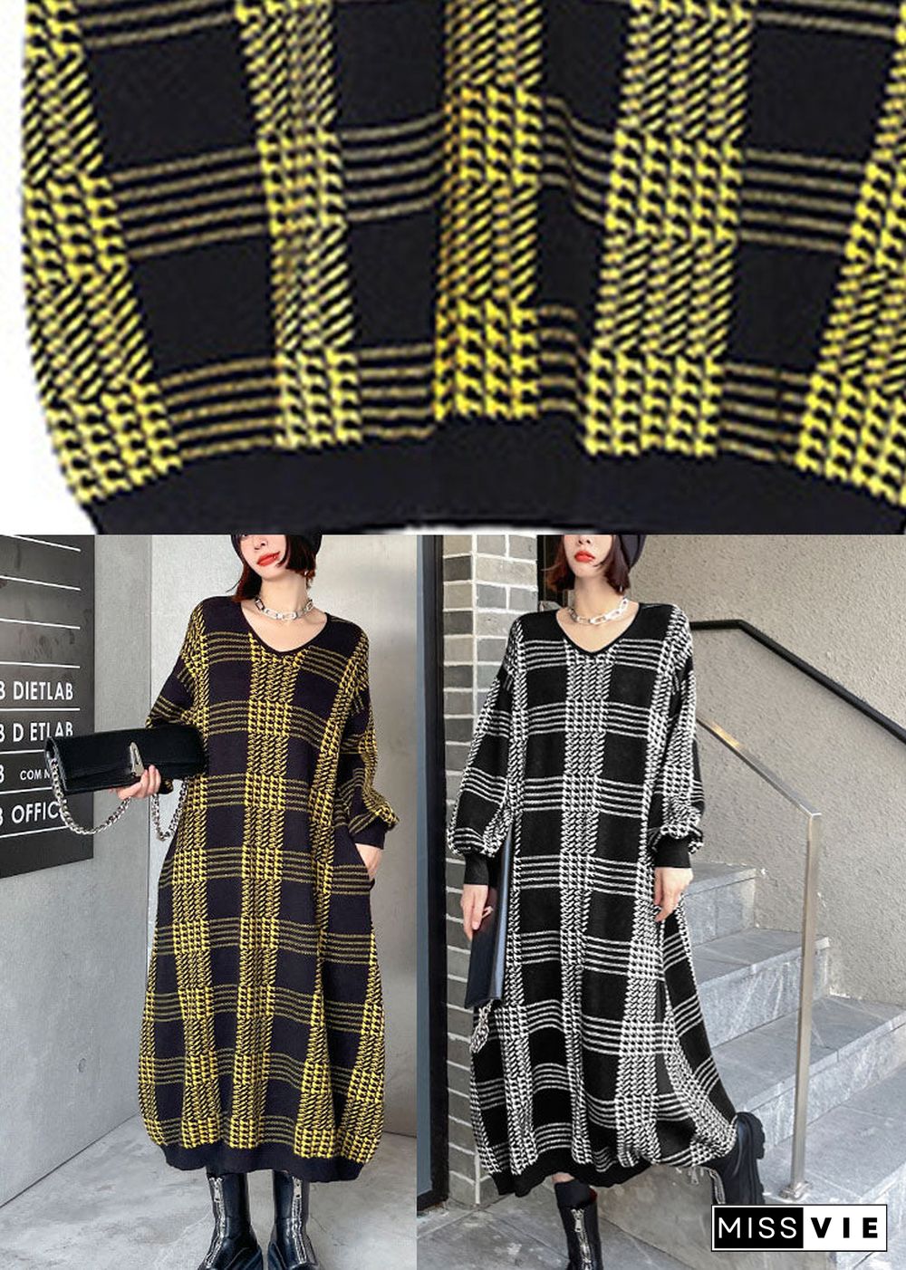 Women White Plaid Casual Fall Knitted Dress