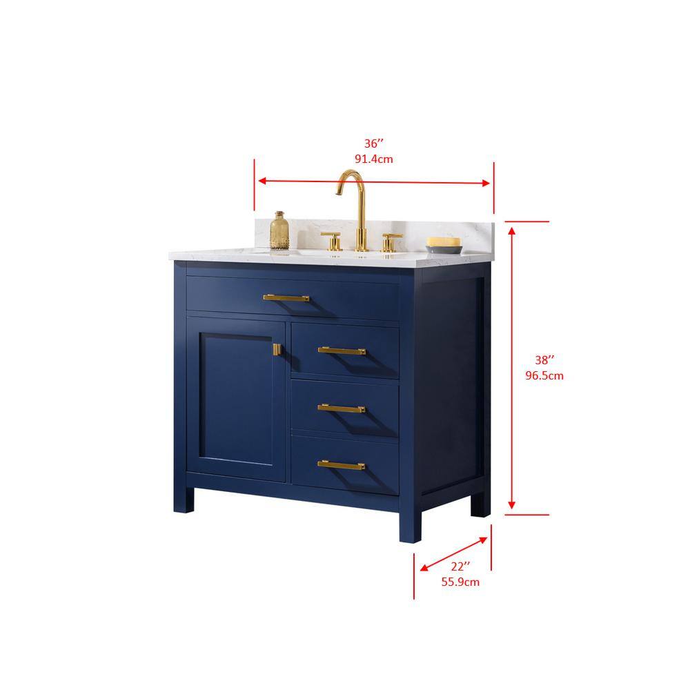 SUDIO Jasper 36 in. W x 22 in. D Bath Vanity in Navy Blue with Engineered Stone Vanity in Carrara White with White Basin Jasper-36NB