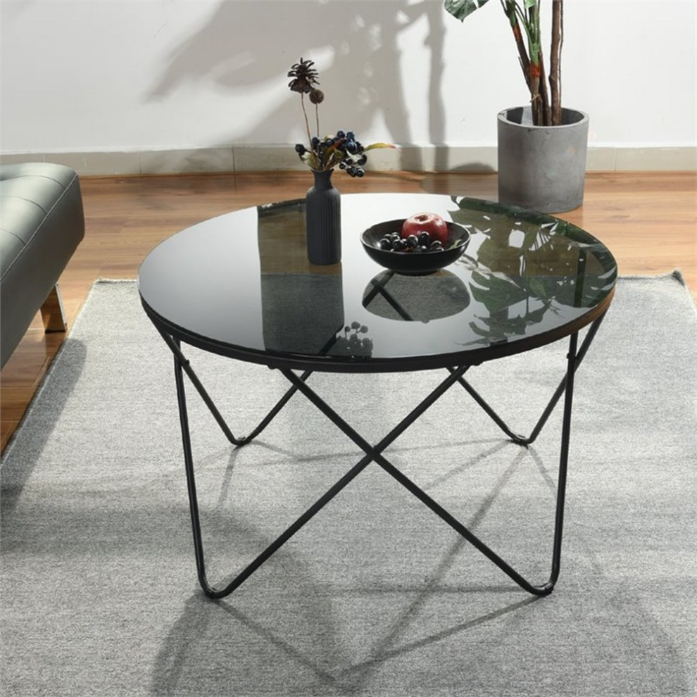 FurnitureR Canales 31 quotRound Glass  ampMetal Coffee Table with Cross Legs in Black   Midcentury   Coffee Tables   by Homesquare  Houzz