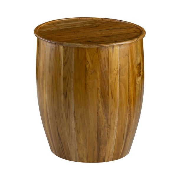 25 Inch Round Accent Side Table， Mango Wood， Barrel Shape， Classic Brown