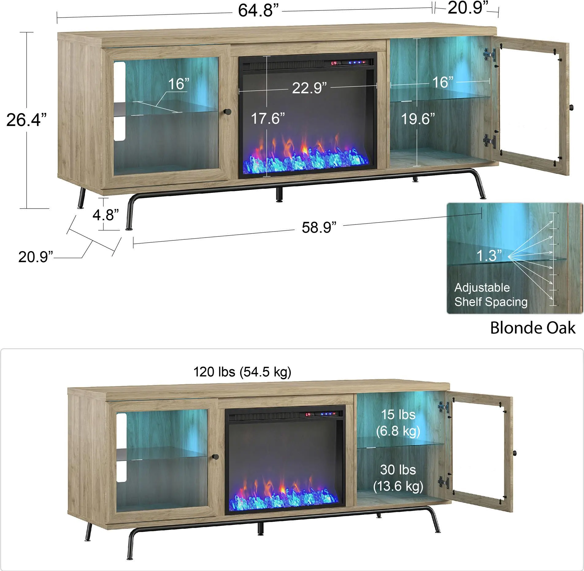 Sydney View Light Brown 70 TV Stand with Fireplace