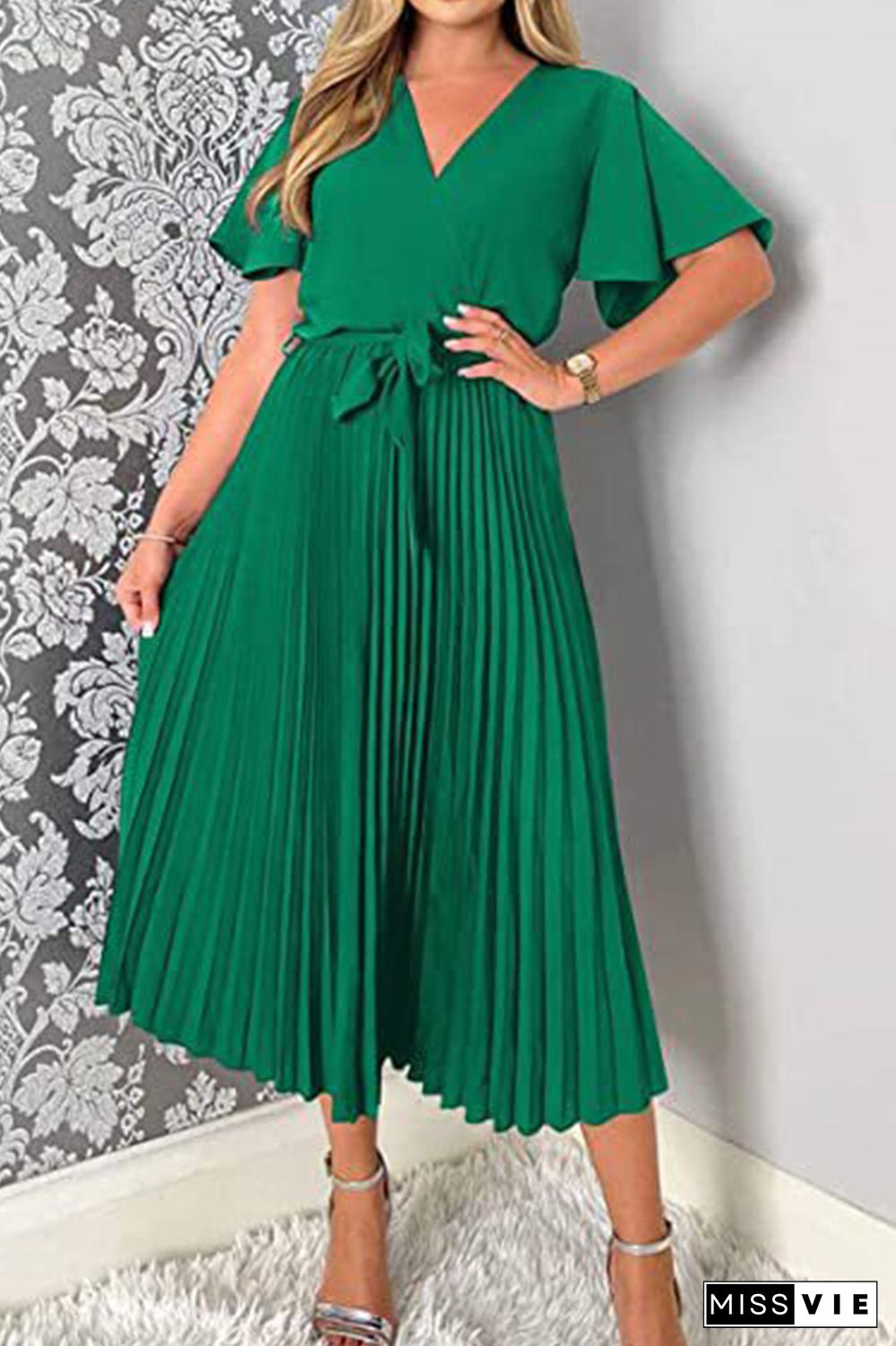 Plain V Neck Flare Sleeves Pleated Midi Dress