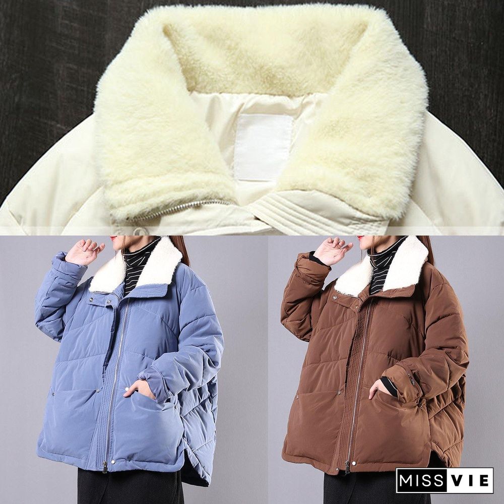 Elegant blue Parkas for women Loose fitting winter jacket lapel pockets zippered overcoat