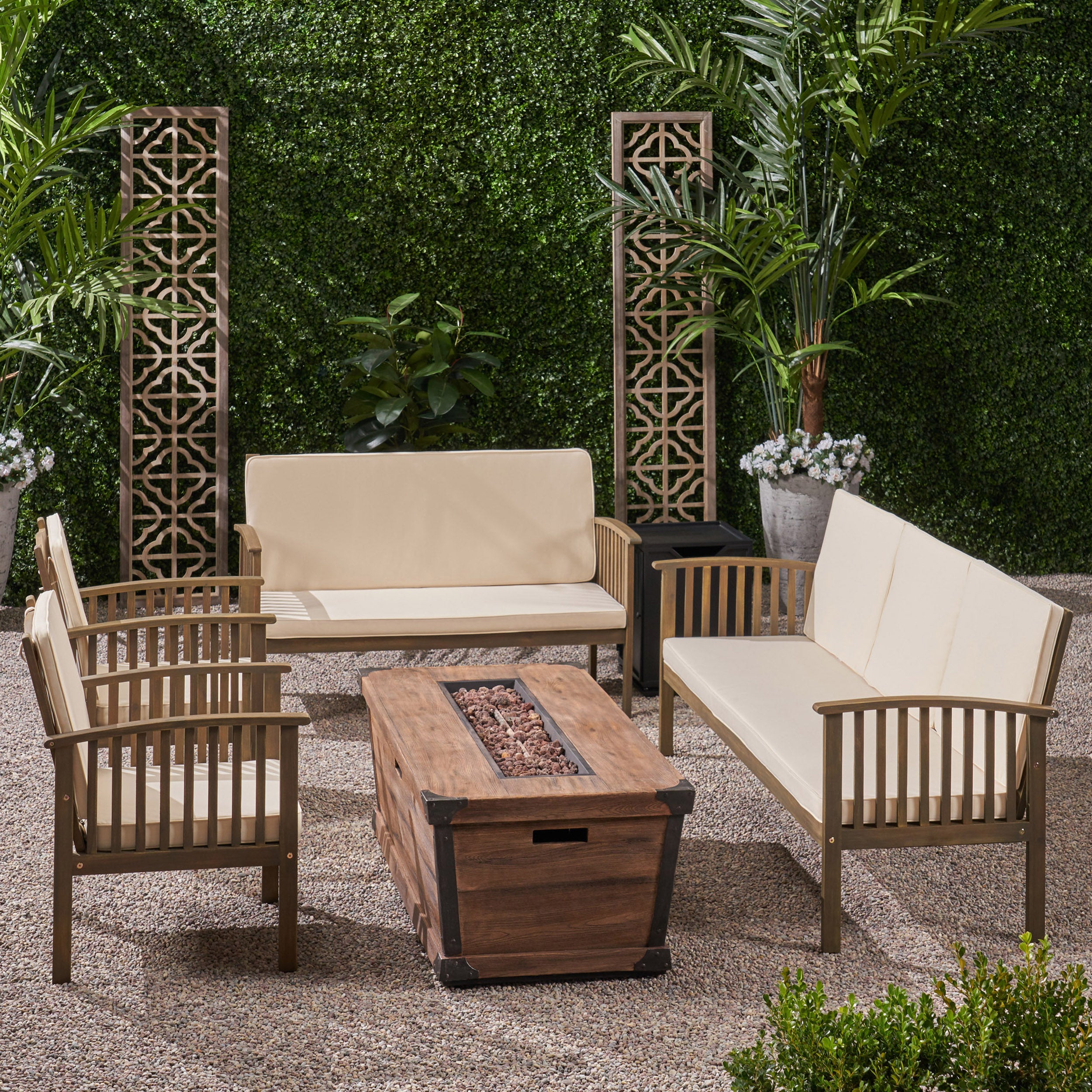 Beckley Outdoor 4 Piece Acacia Wood Conversational Set with Cushions and Fire Pit