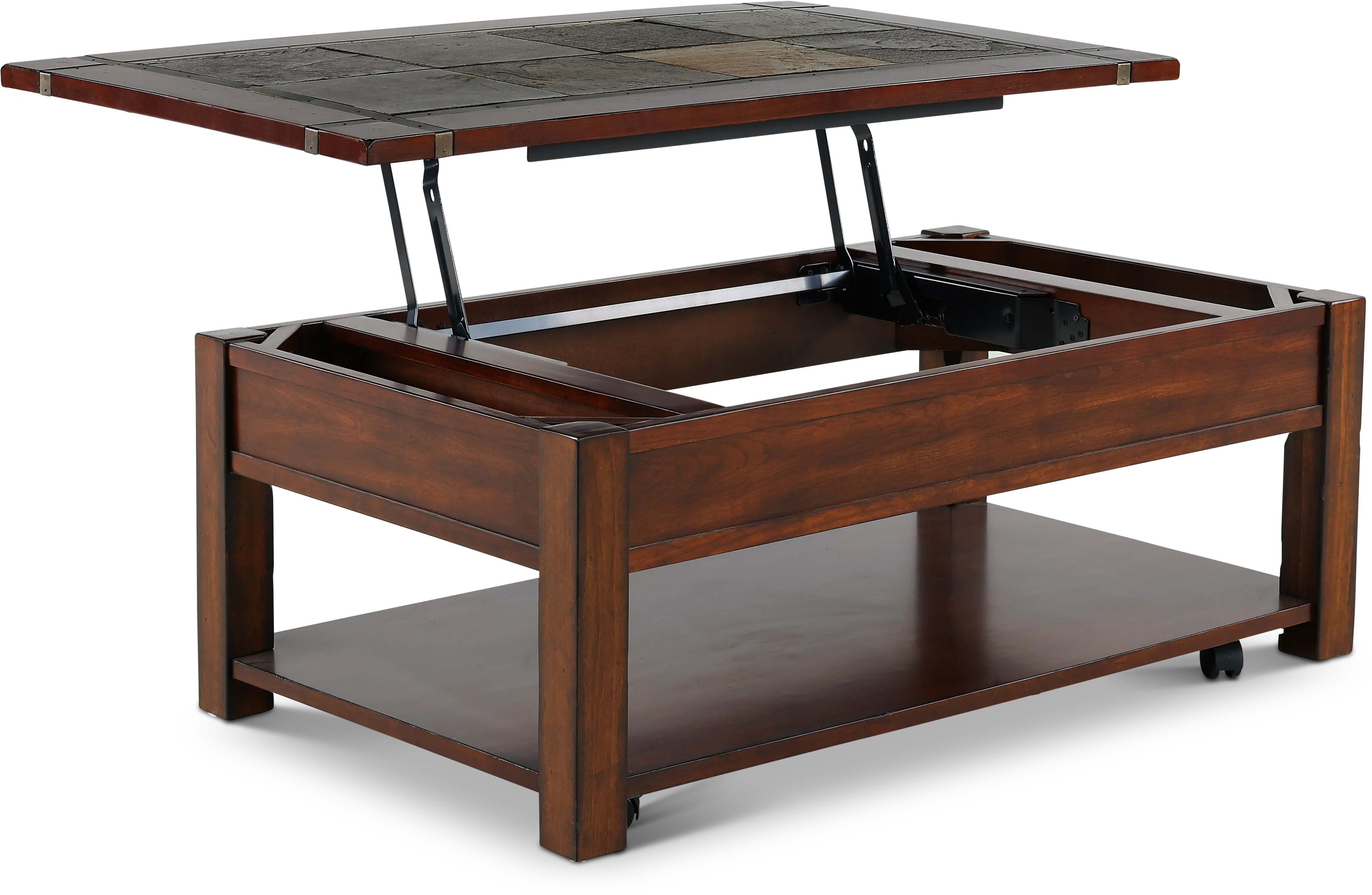 Roanoke Cherry Brown Coffee Table with Slate Lift-top