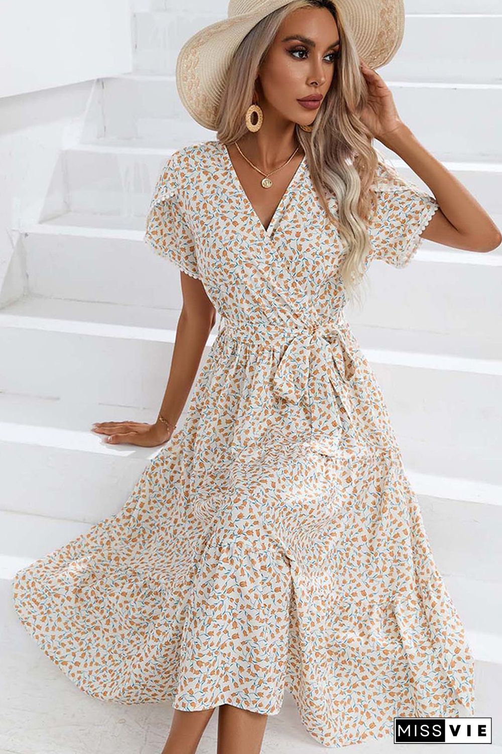 Wrap V Neck Tulip Sleeves Maxi Floral Dress