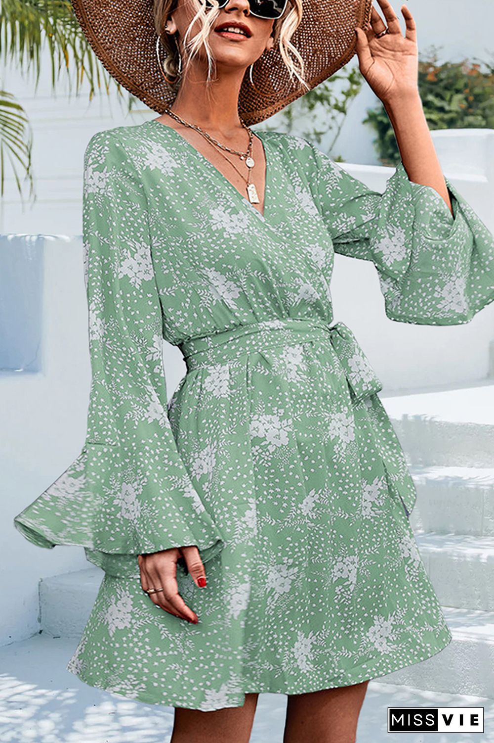 V Neck Wrap Flare Sleeves Floral Print Dress