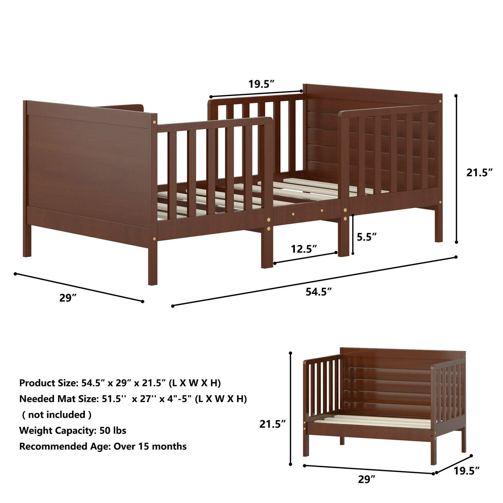 2 in 1 Convertible Wood Toddler Bed w/ 2 Side Guardrails