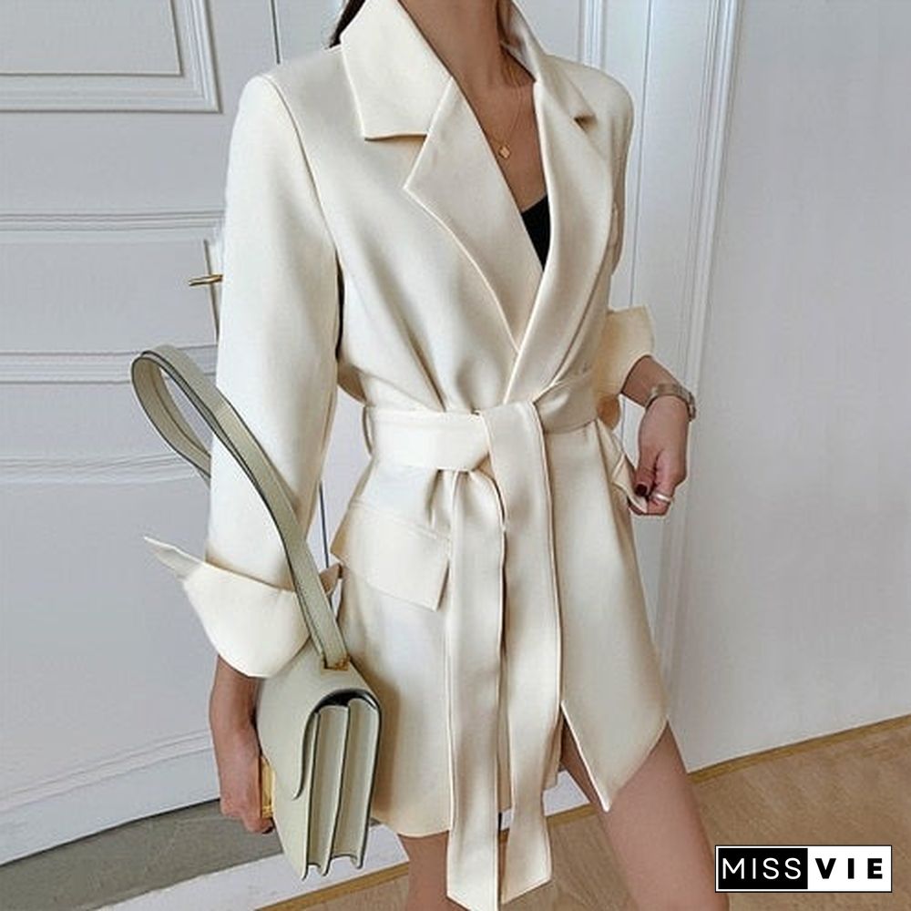 Women's Spring Jackets Elegant White Black Office Wear with Belt Suit Blazer Coat Long Sleeve Ladies Blazer Dress for Women