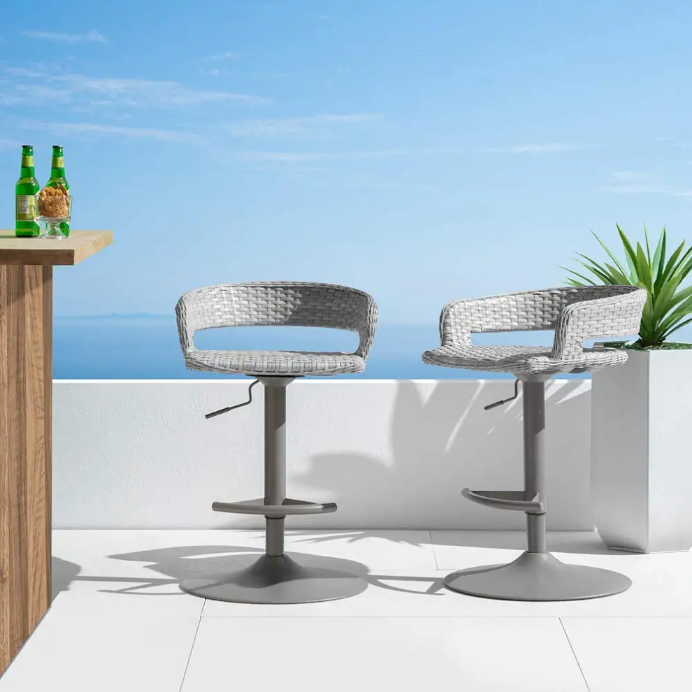 Set of 2 Patio Bar Stool  Aluminum Base  ampRattan Seat With Round Open Back  Gray   Tropical   Outdoor Bar Stools And Counter Stools   by Decor Love  Houzz