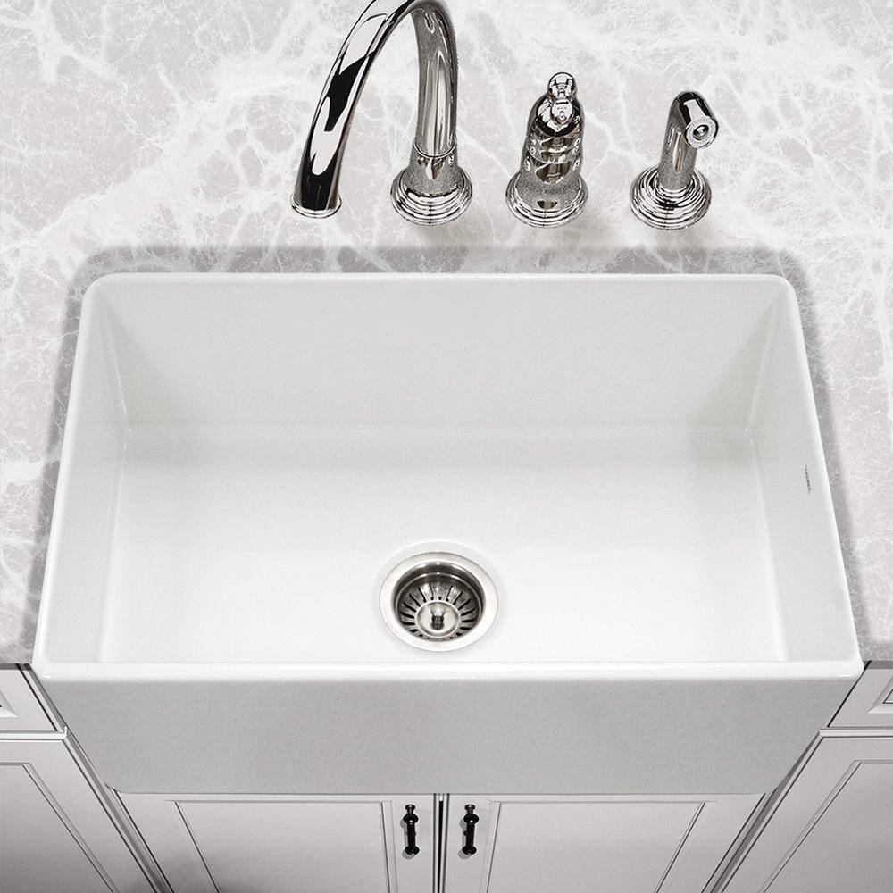 YASINU YSNSINKSA White Fireclay 33 in. Single Bowl Farmhouse Apron Kitchen Sink with Bottom Grid and Strainer YN3320A