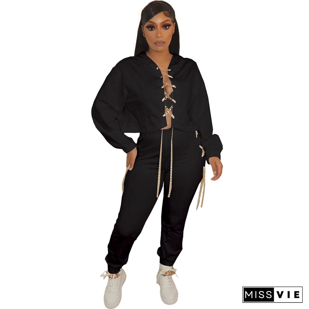 Chain Lace Up Hooded Sweatshirt and Jogger Pants Suit