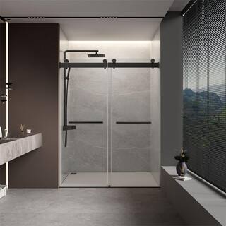 Abruzzo 60 in. W x 76 in. H Double Sliding Frameless Shower Door with 0.39 in. Clear Glass and Buffer Function Matte Black 22D02-60MB