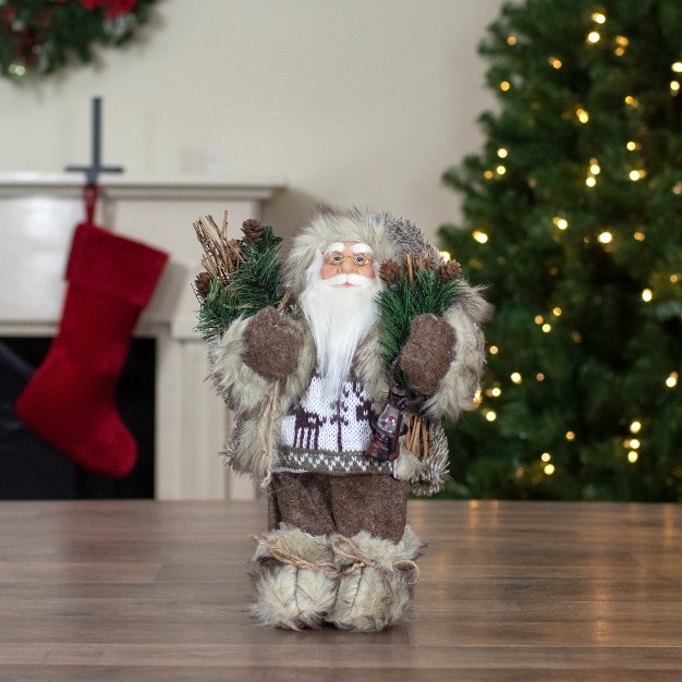 Mountain Santa Dressed In Plush Brown Coat And Fur Boots Christmas Figure