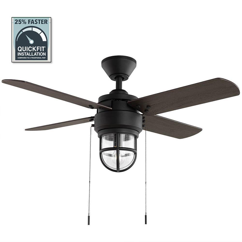 Hampton Bay Cedar Lake 44 in IndoorOutdoor LED Matte Black Damp Rated Ceiling Fan with Light Kit Downrod and 4 Reversible Blades