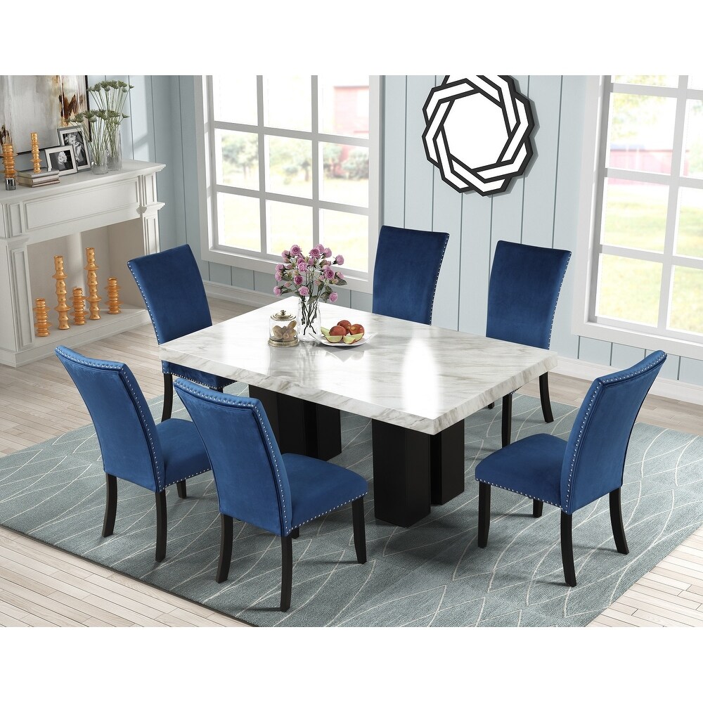 Dining Table Set with 1 Marble Table and 6 Upholstered Seat Chairs