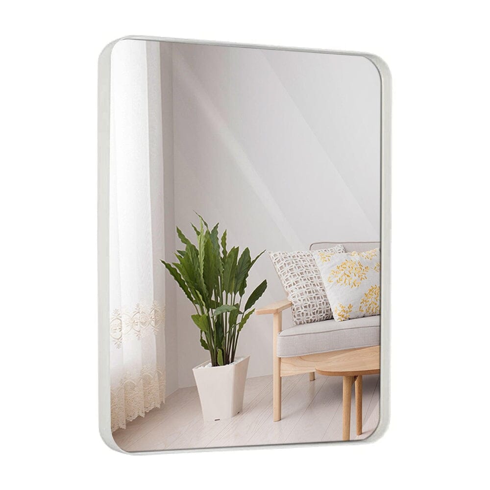 Contemporary White Metal Wall Mirror | Glass Panel White Framed Rounded Corner Deep Set Design  (22