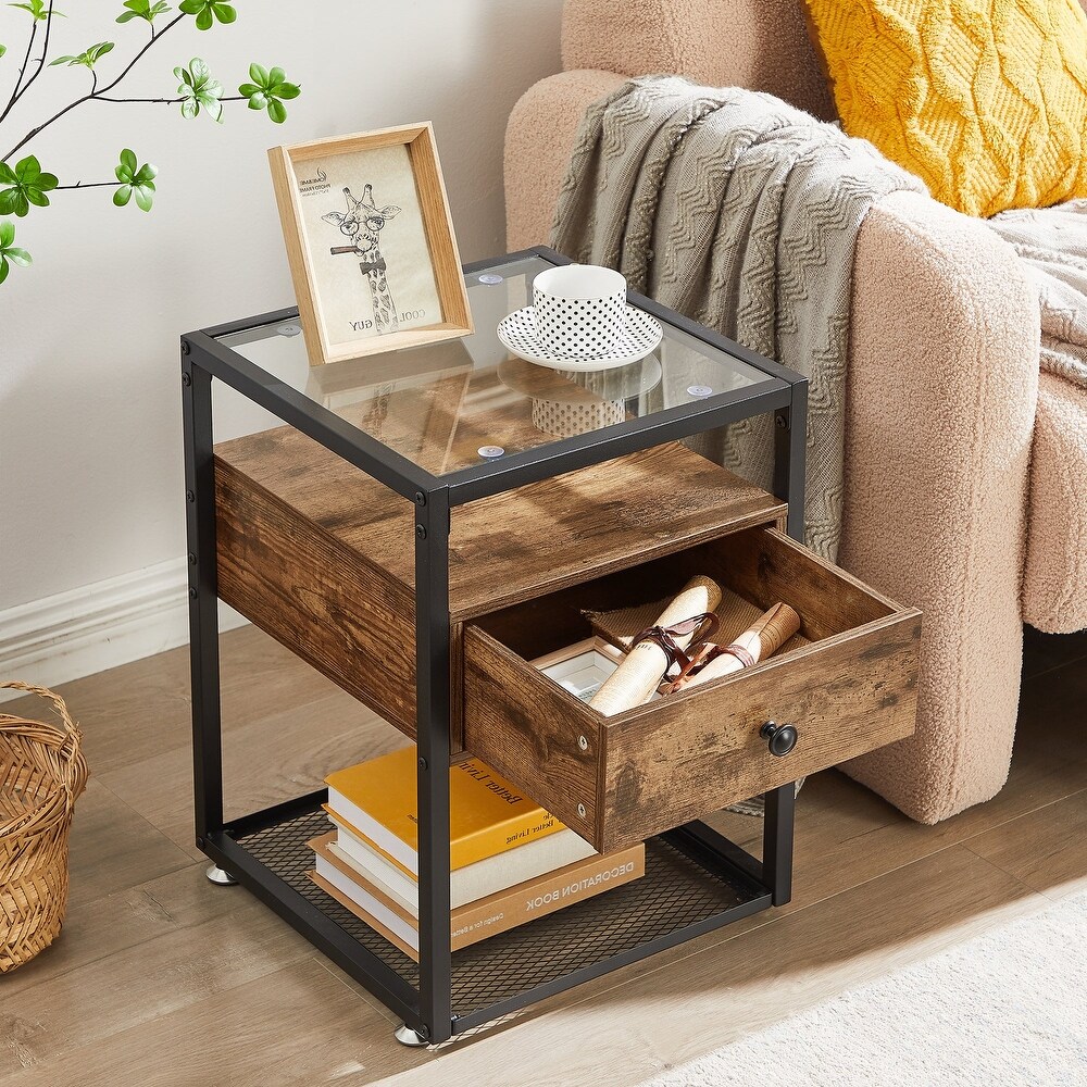 VECELO Modern 1  Drawer Nightstands with Tempered Glass Top