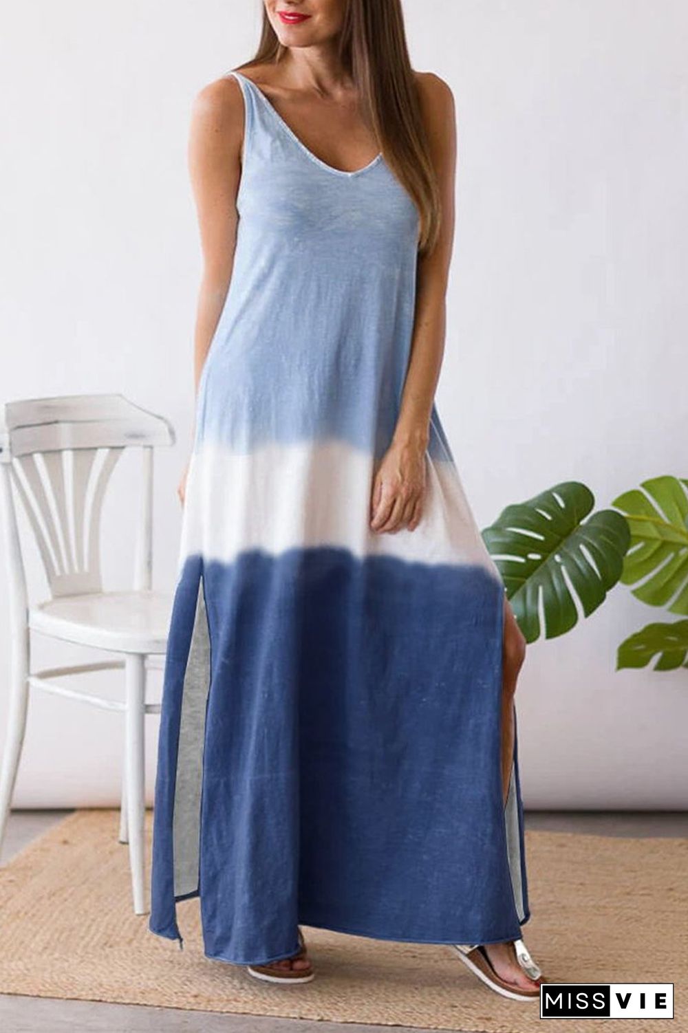 Gradient Color Slit Sleeveless Maxi Dress