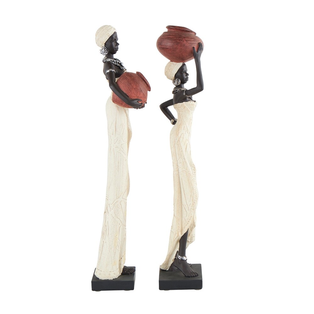 Cream Polystone Standing African Woman Sculpture with Red Water Pots and Black Base (Set of 2)   2 ASST 16\