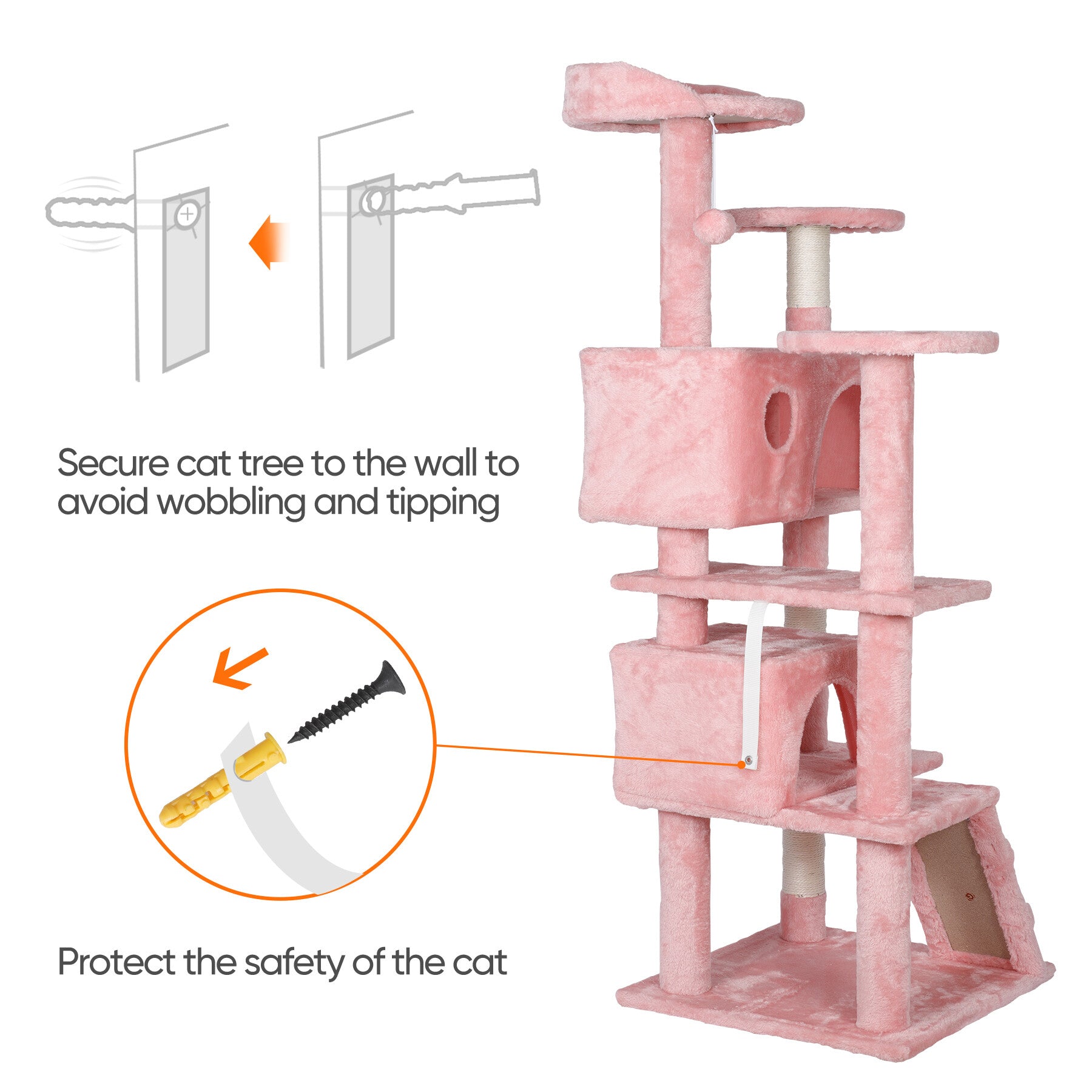 ZENSTYLE 55-in H Cat Tree and Condo Scratching Post Tower， Pink