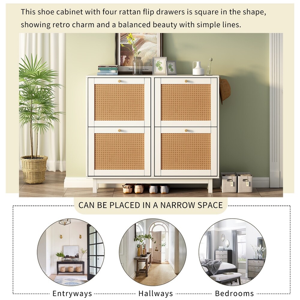 Rattan Shoe Cabinet with 4 Flip Drawers  Slim Shoe Storage Cabinet for Entryway  Narrow 2 Tier Shoe Rack Shoe Storage Organizer