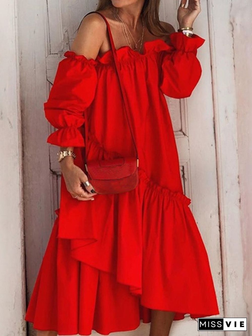 VONDA Summer Robe Sexy Off Shoulder Party Dress Women Long Sleeve Irregular Hem Lace Pleated Bohemian Beach Midi Sundress