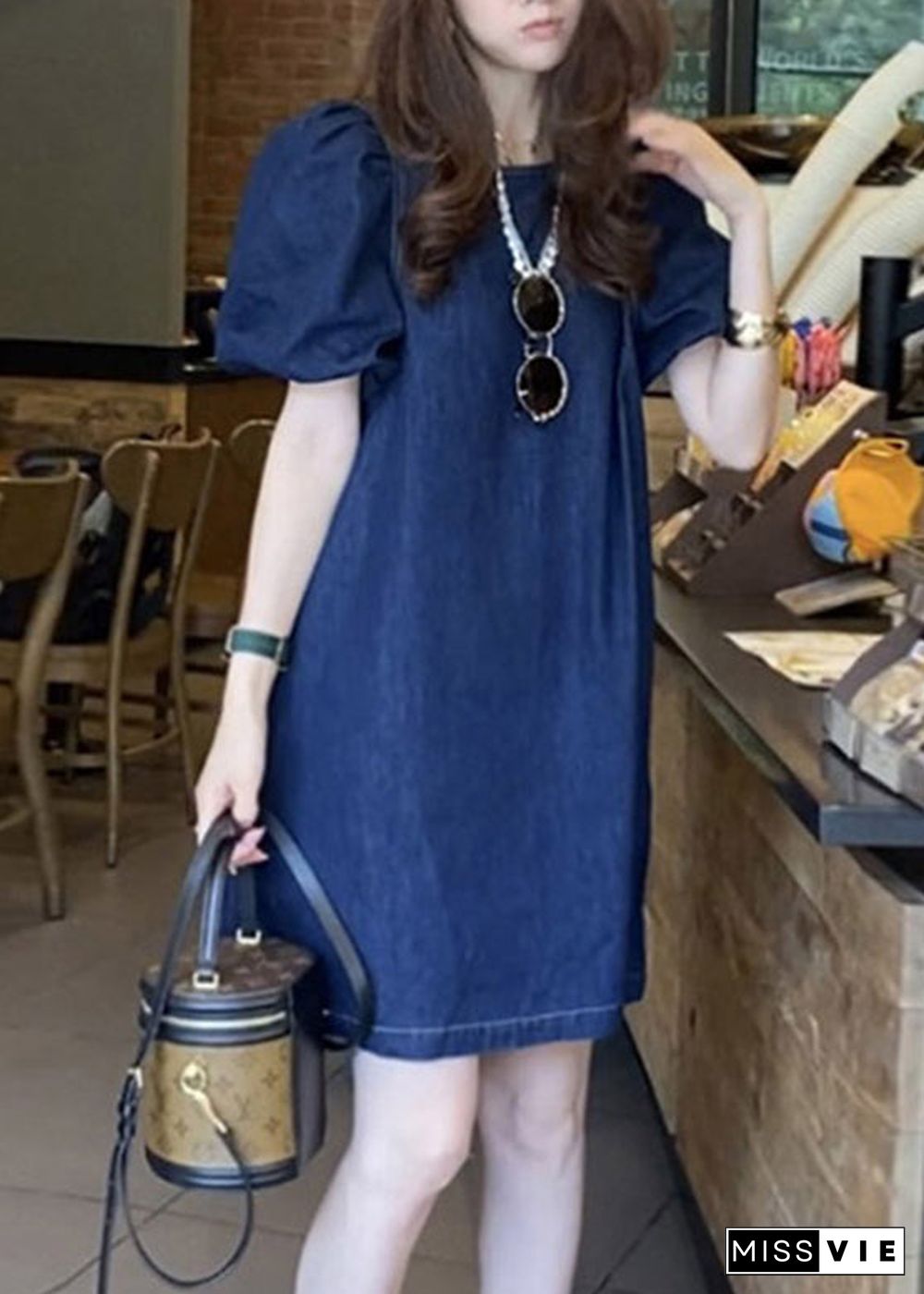 Plus Size Blue O-Neck Patchwork Cozy Mid Denim Dresses Short Sleeve