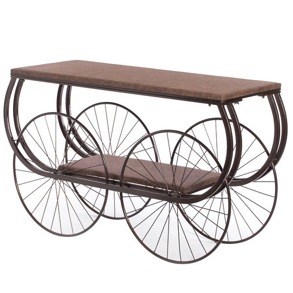 Two Tier Wagon Style Industrial Wooden and Metal Side End Table with Big Wheels