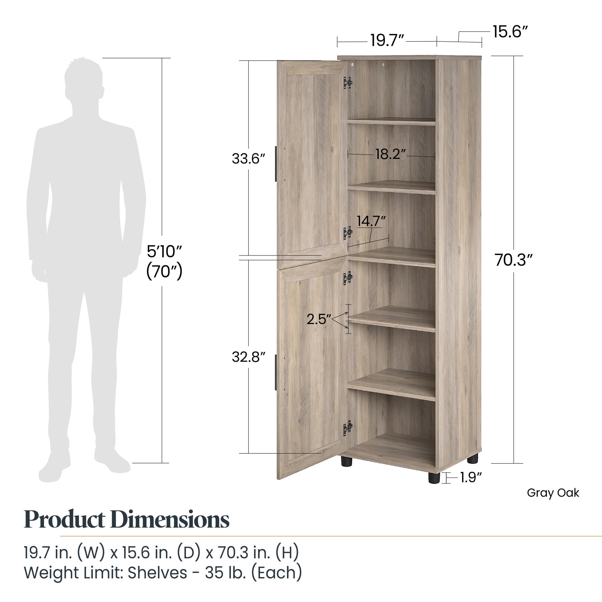 RealRooms Tindall 2 Door Kitchen Pantry Cabinet， Gray Oak