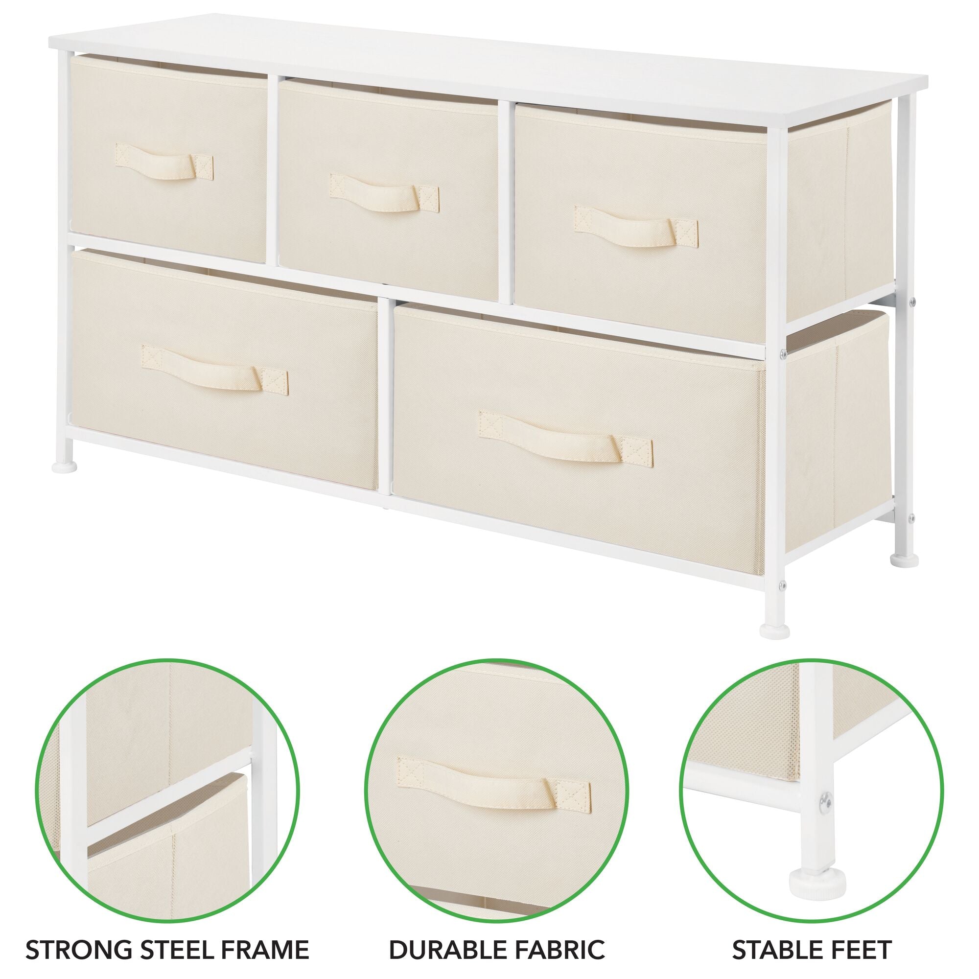 mDesign Wide Steel Frame/Wood Top Storage Dresser Furniture Unit with 5 Removable Fabric Drawers, Large Bureau Organizer for Bedroom, Living Room, Closet - Jane Collection, Cream/White