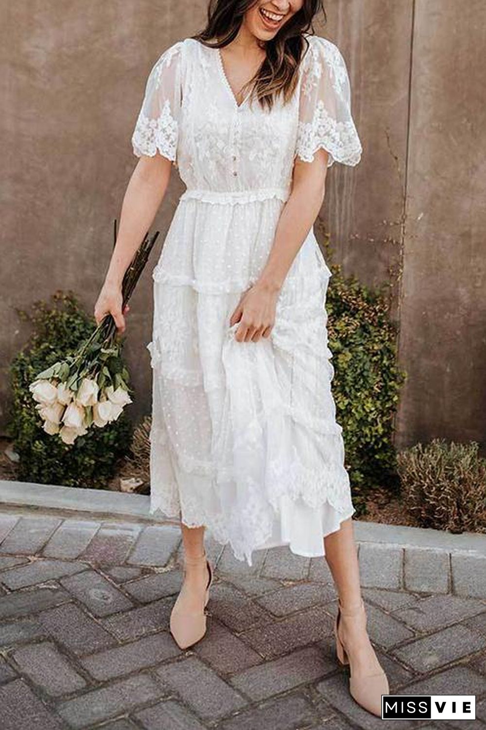 Button Lace V Neck Short Sleeve Maxi Dress