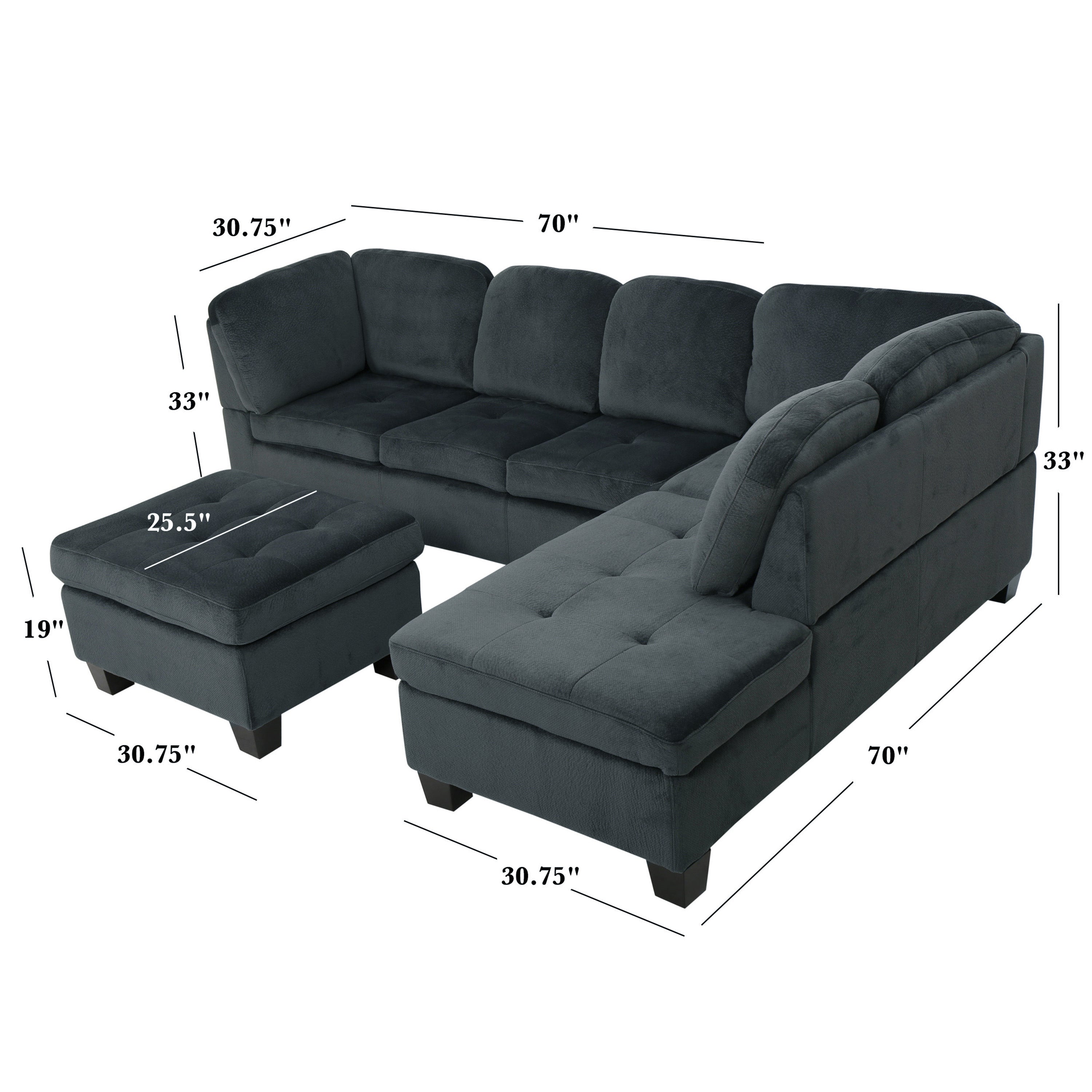 Gotham 3-piece Charcoal Fabric Sectional Sofa Set