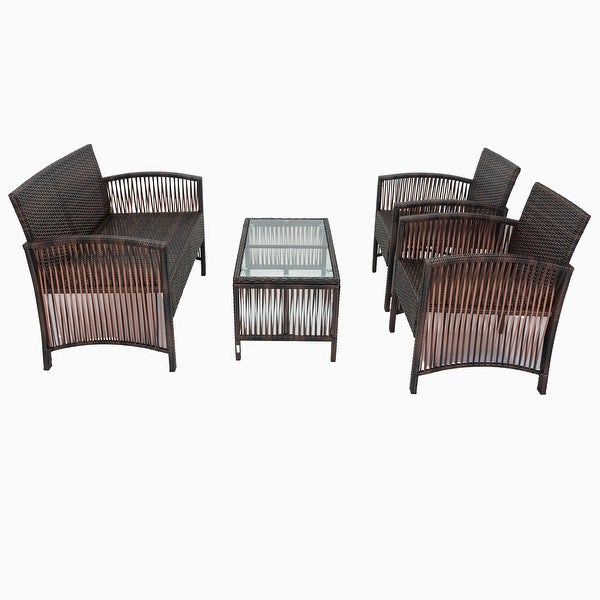 4 Piece PE Rattan Wicker Outdoor Sofa Chair Set with Beige Cushions and Tempered Glass Coffee Table - Overstock - 37454193