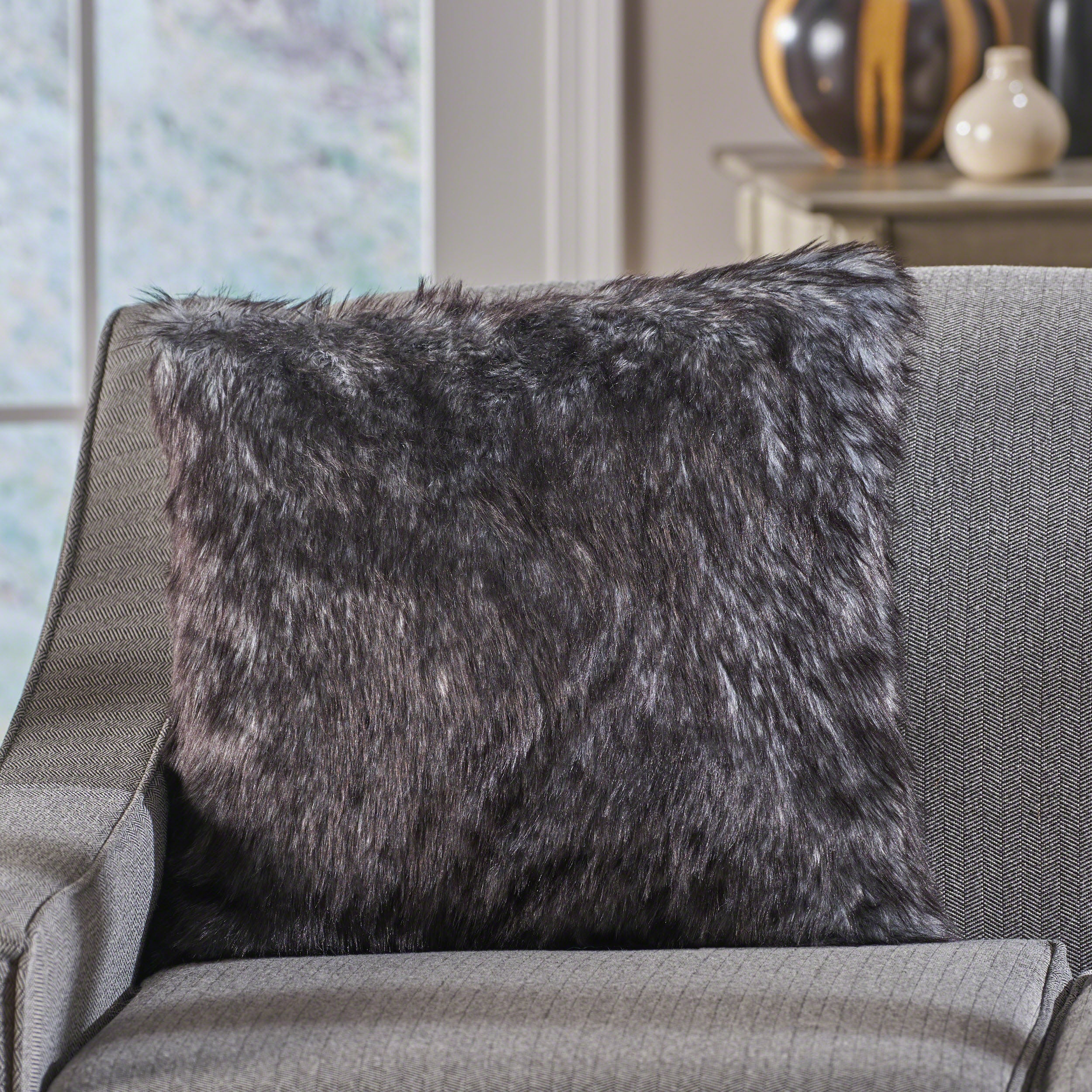 Laraine Furry Glam Black and White Streak Faux Fur Throw Pillow