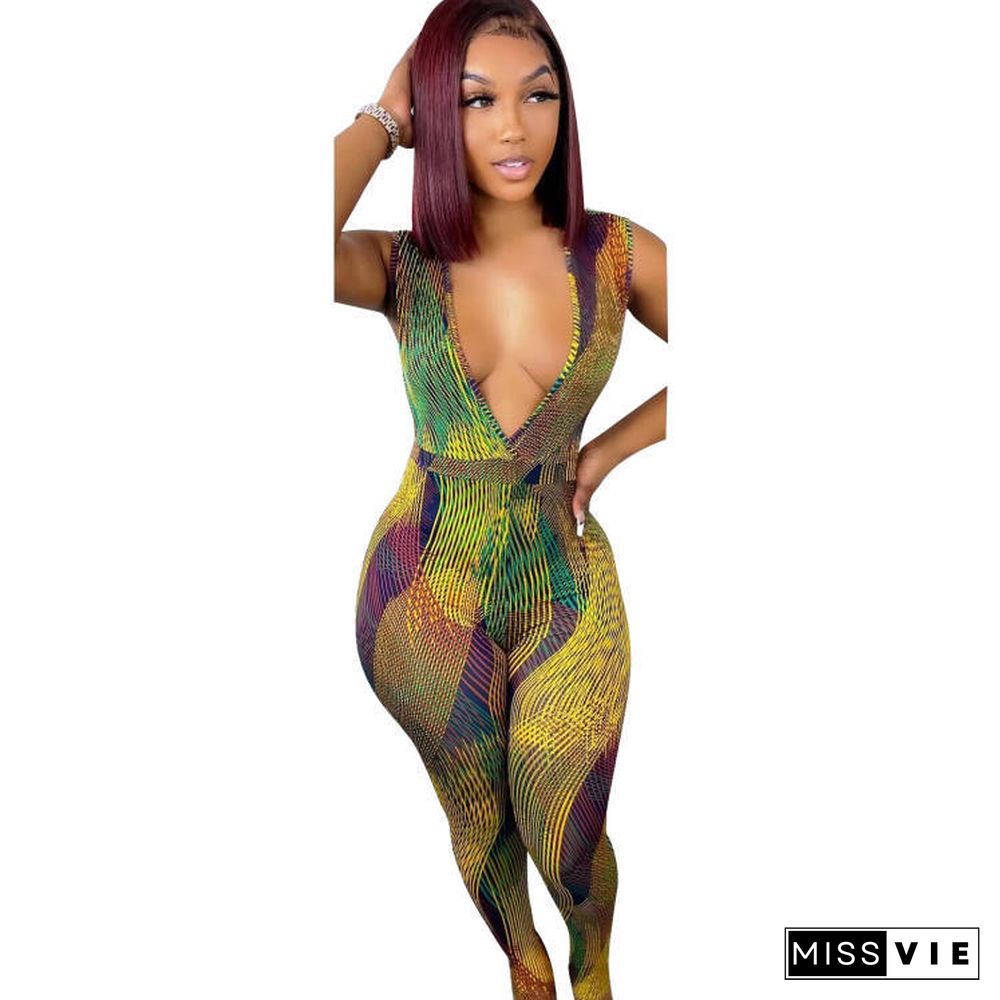 Sexy V-Neck Skinny Print Jumpsuit