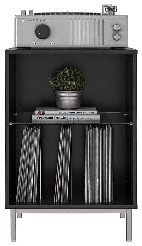 Pemberly Row Mid Century Turntable Stand in Black Oak Finish   Contemporary   Media Cabinets   by Homesquare  Houzz