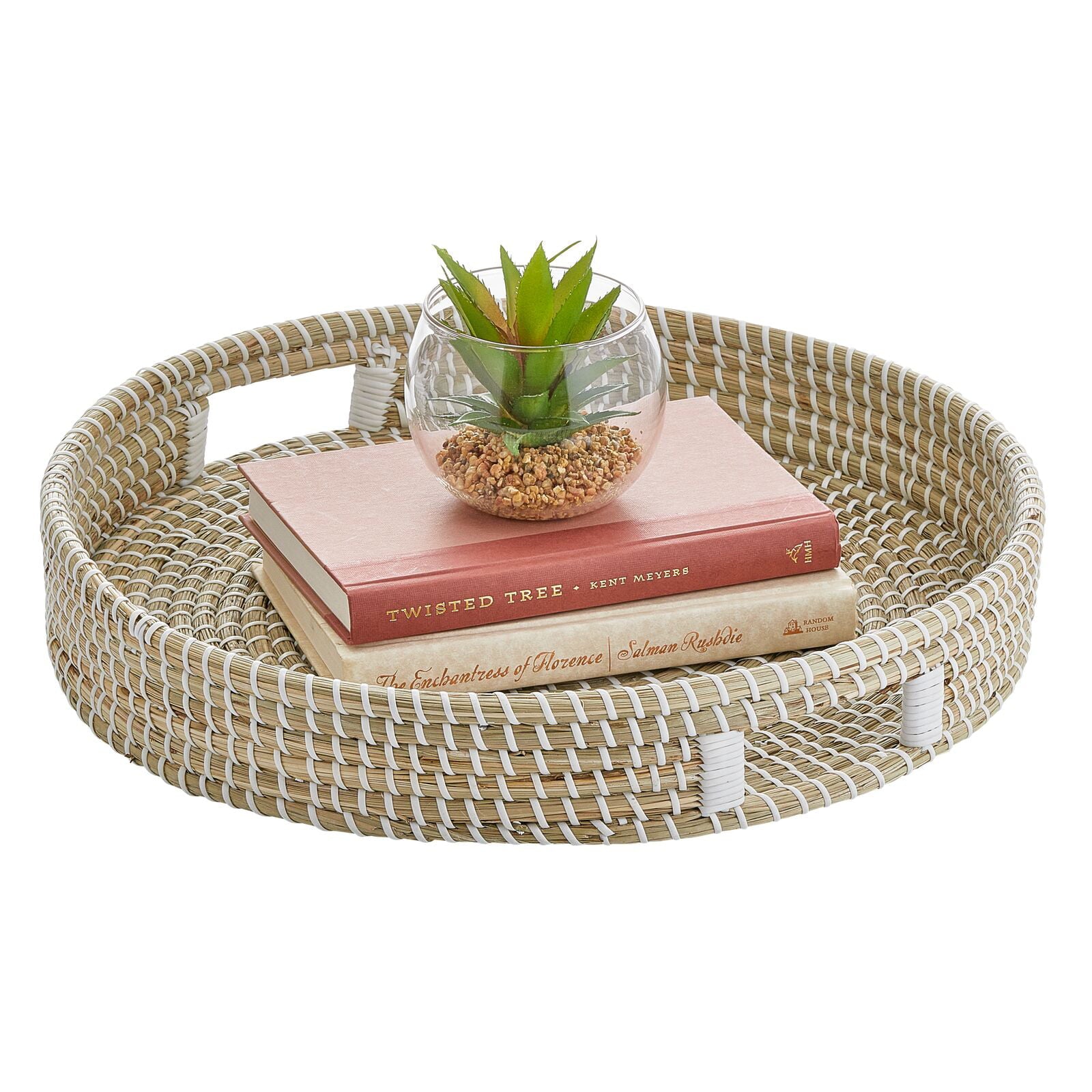 mDesign Seagrass Woven Large Decorative 18 Round Basket Serving Tray w/ Built-In Handles for Kitchen, Coffee Table, Wall Decor, Ottoman; For Storage, Centerpiece Display - Natural/White