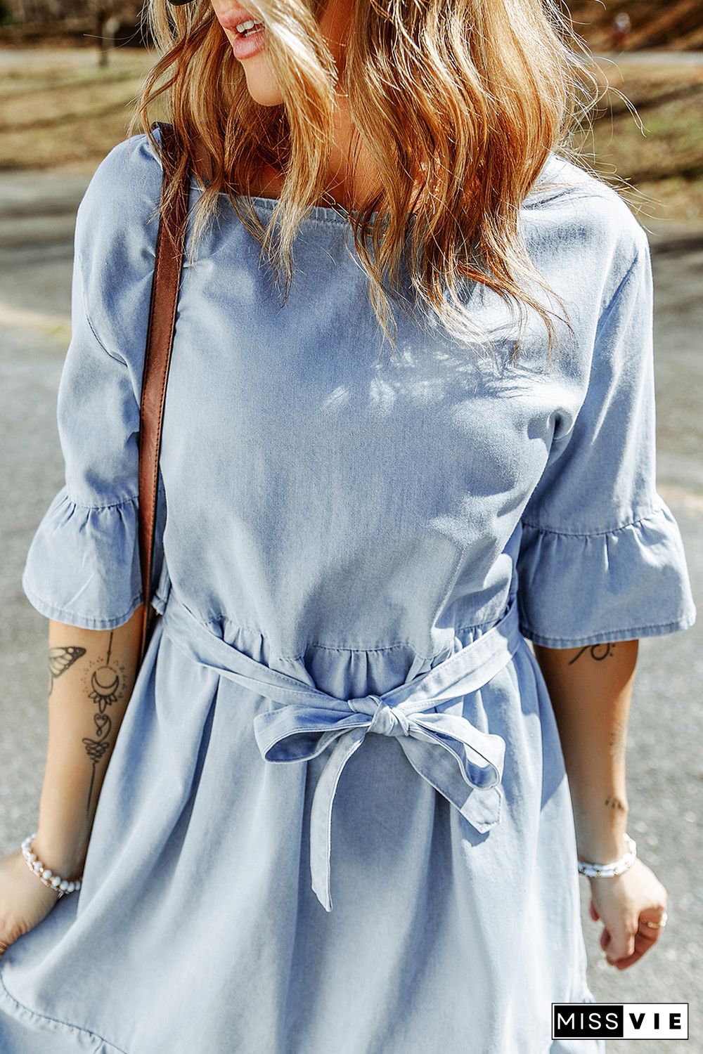 Sky Blue Ruffle Trim Half Sleeve Belted Denim Dress