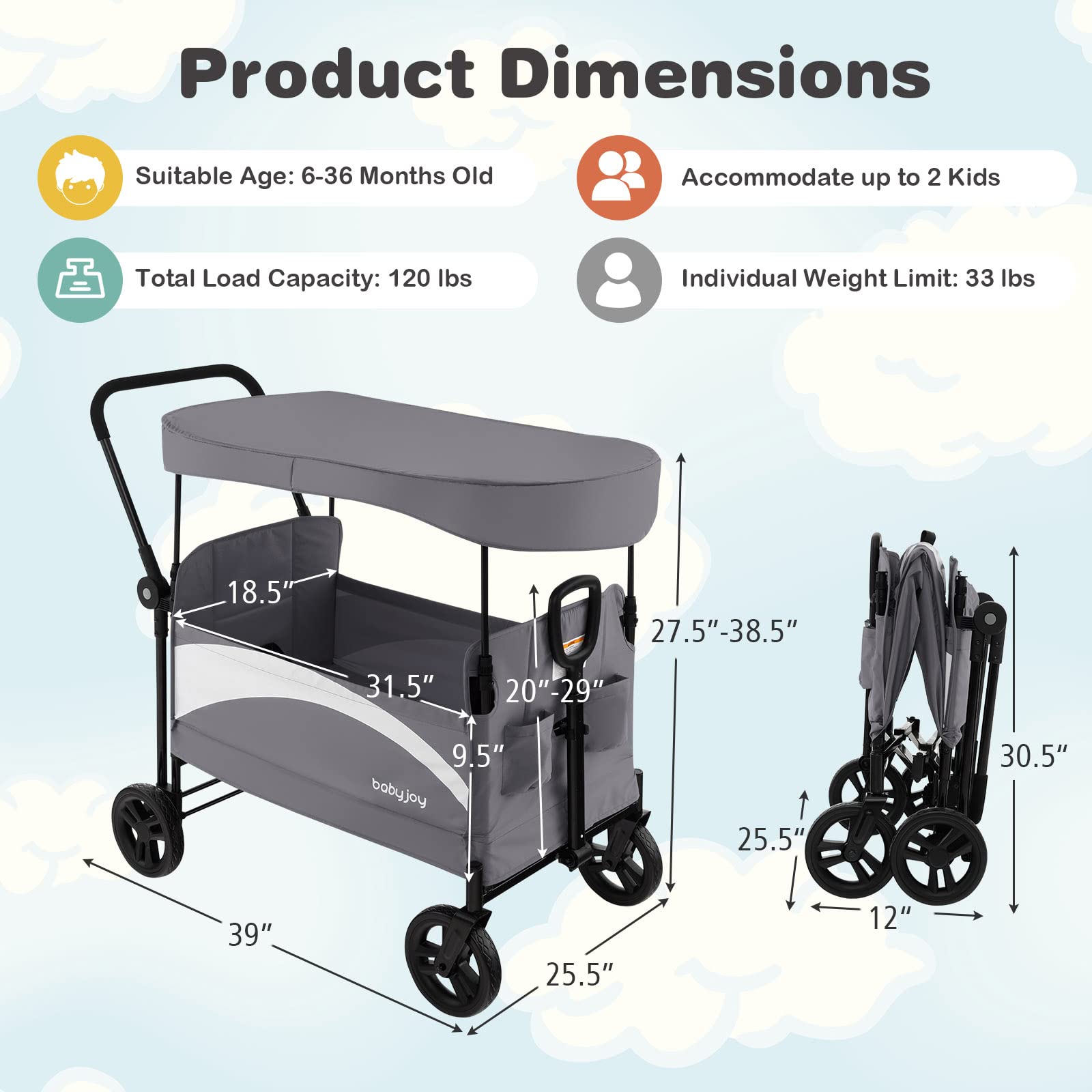 Collapsible Wagon Stroller for 2 Kids & Cargo, Push Pull Double Stroller