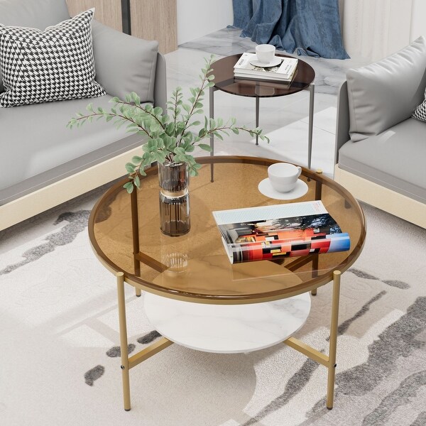 32'' Wide Round Coffee Table with Glass Top and Metal Legs