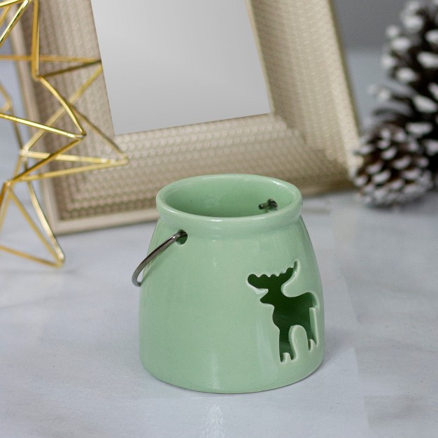 Light Green Christmas Votive Candle Holder With Reindeer Cut Out