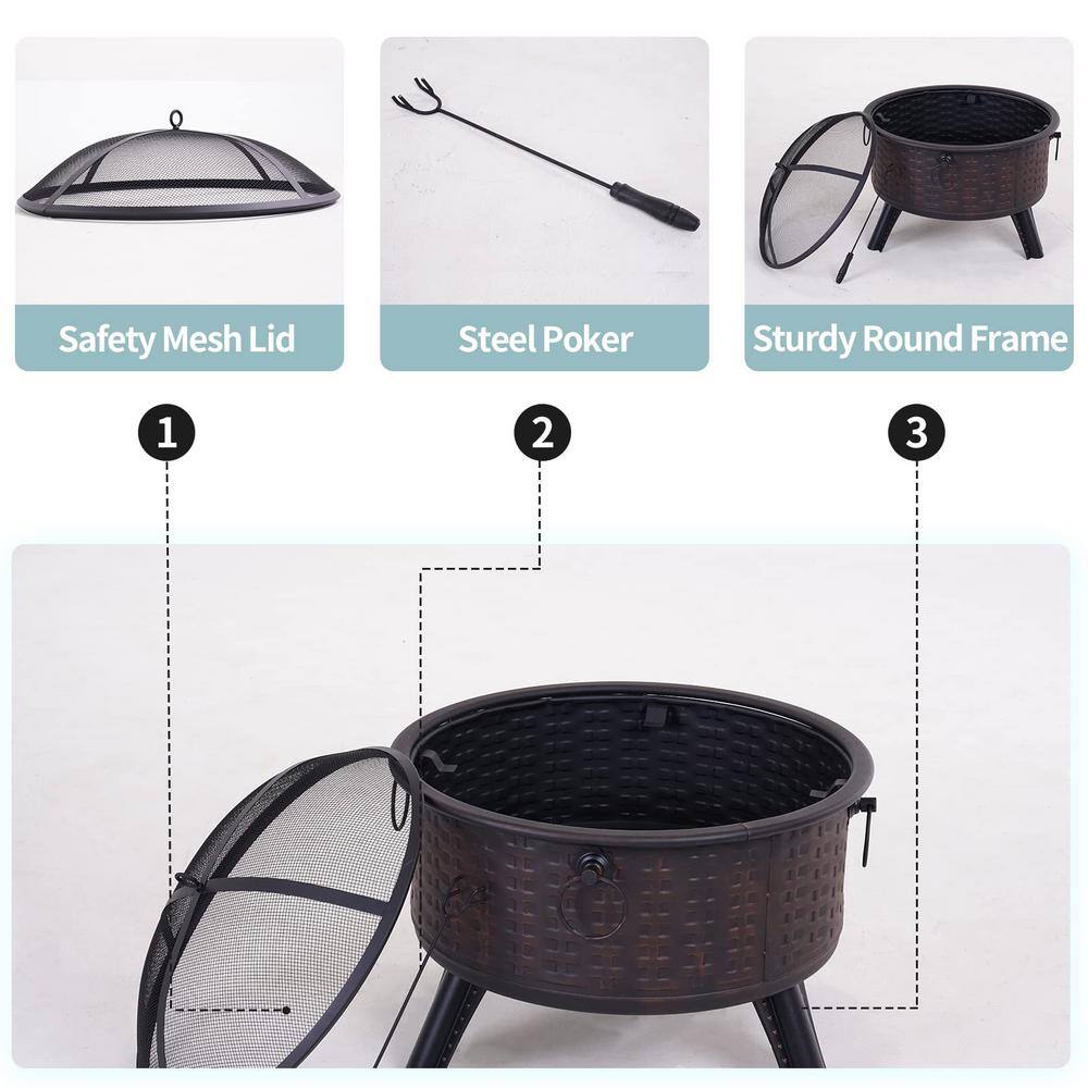 Wildaven 26 in. x 23 in. Outdoor Round Wood Burning Fire Pit with Wire Mesh Cover and Poker ZYHWKN220621003