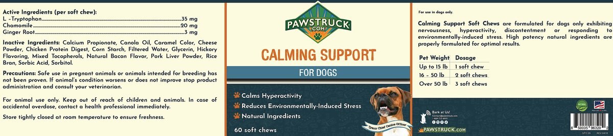 Pawstruck Calming Support Soft Chews Dog Supplement， 60 count