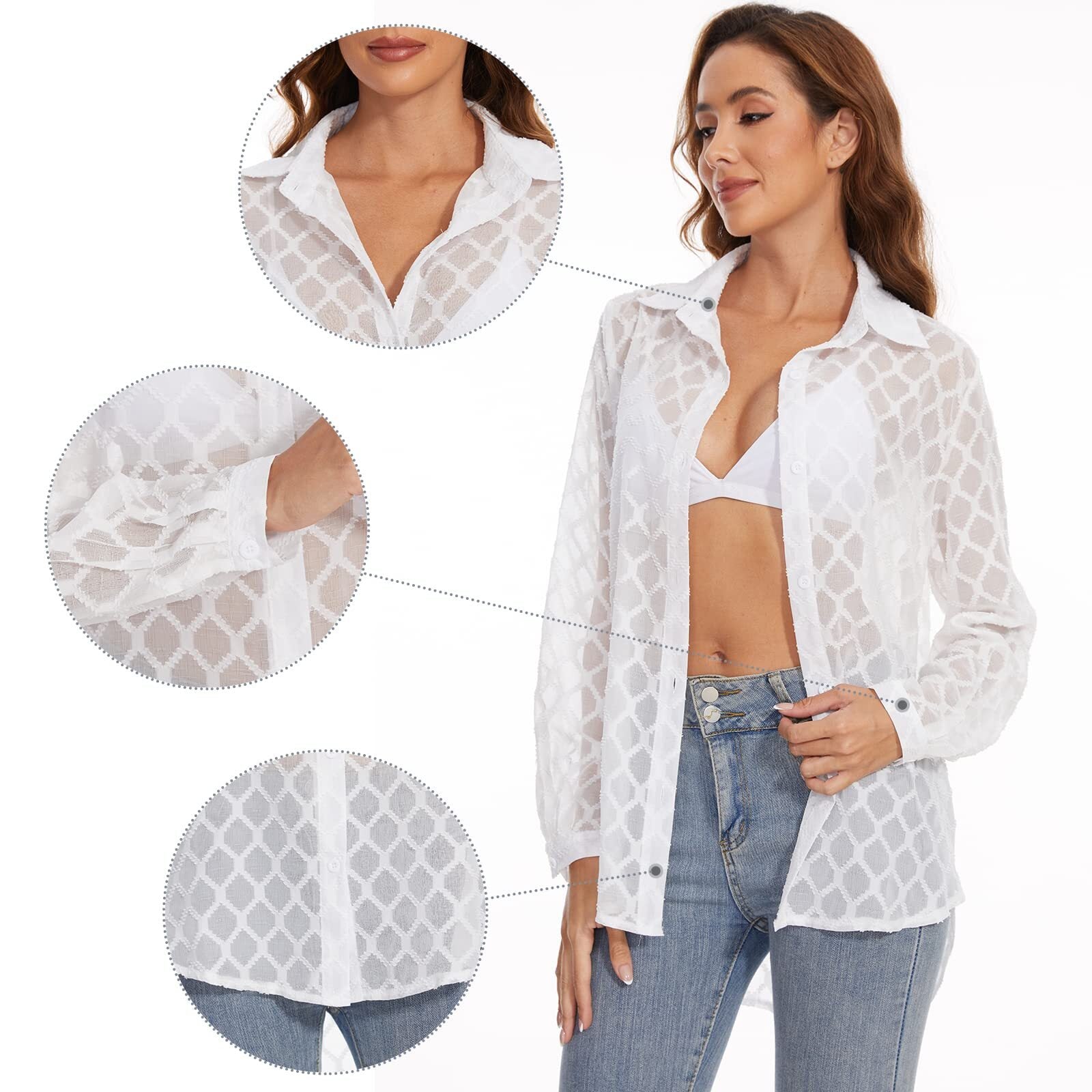 NeedBo Women's Button Down Long Sleeve V Neck Mesh Shirt See Through Sheer Blouse Tops， White L