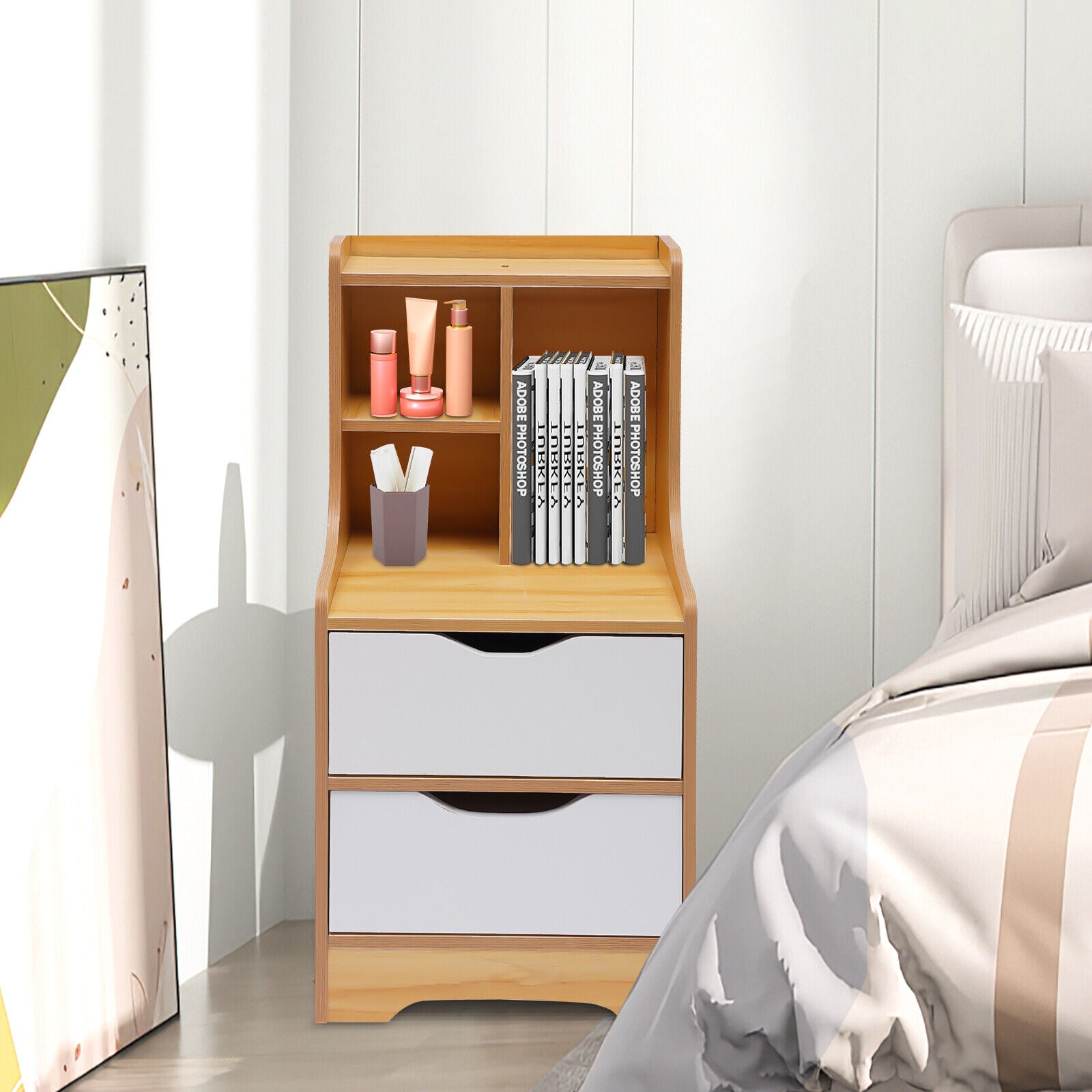 Oukaning Nightstand with 2 Drawers  Storage Wooden Bedside Table Organizer Shelf  30*37*70cm